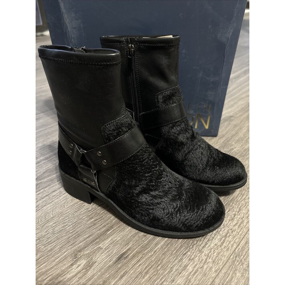 LORI GOLDSTEIN‎ Biker Boots Wilda Cow Hair 5M Black Harness Strap Moto Boots